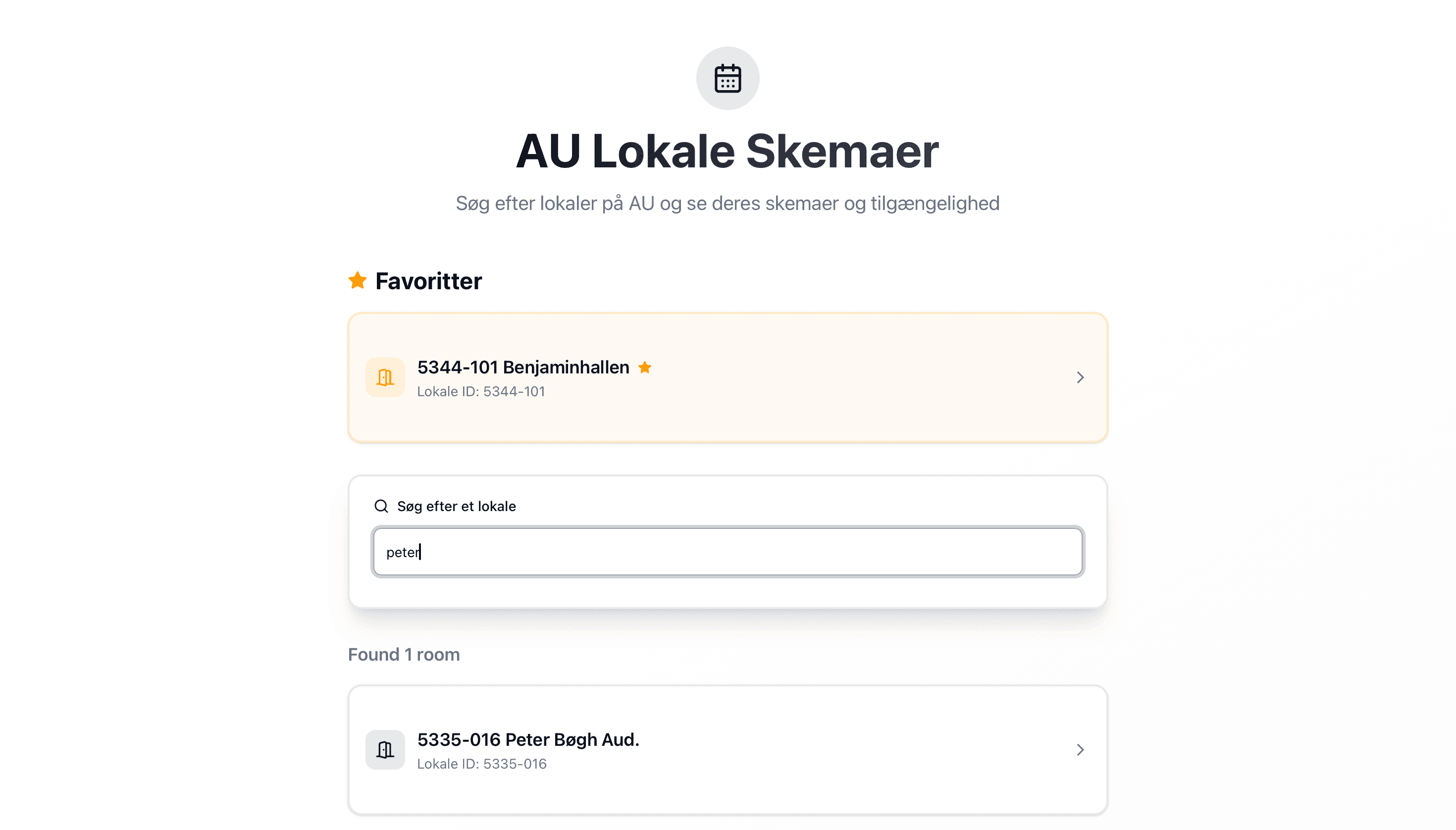 The landing page of the app with searchbar and favorites